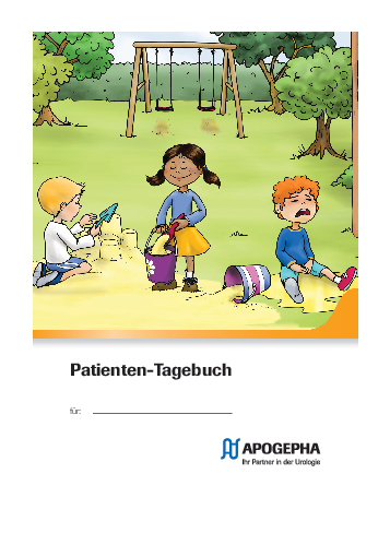 Vorschaubild einer herunterladbaren Datei Titelseite der PDF-Datei Patiententagebuch (Klebekalender) mit Illustration: Kinder spielen auf einem Spielplatz, eines von ihnen hat eingenässt