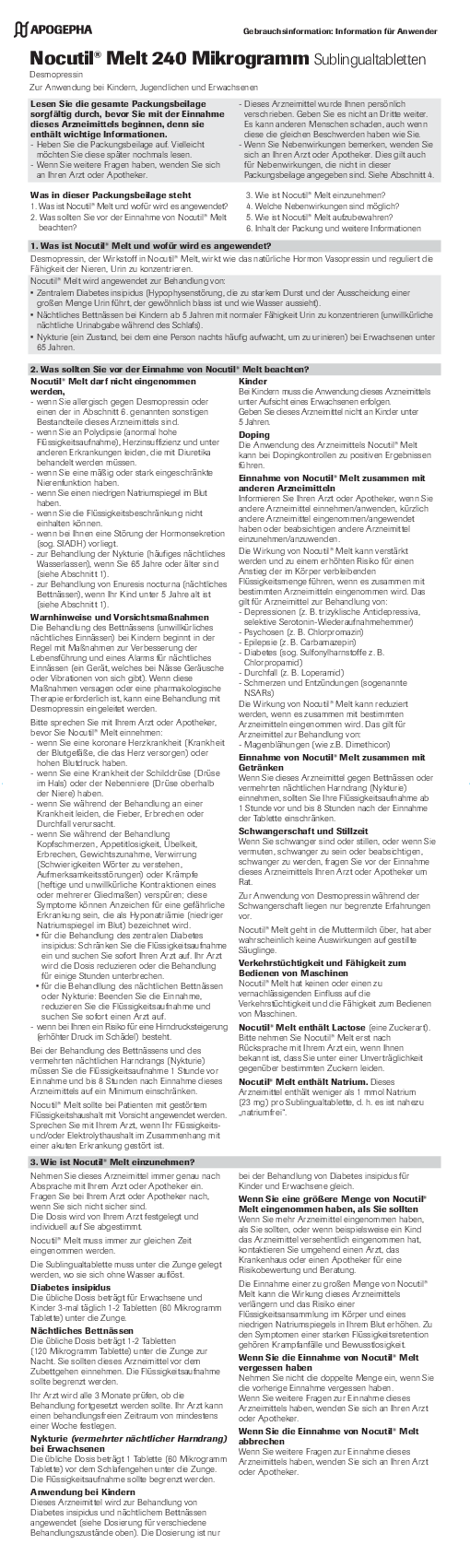 Preview image of a downloadable file Title page of the PDF file Usage information on Nocutil® Melt 240 µg sublingual tablets
