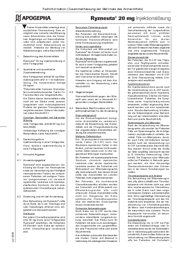 Vorschaubild einer herunterladbaren Datei Titelseite der PDF-Datei Ryzneuta Fachinformation