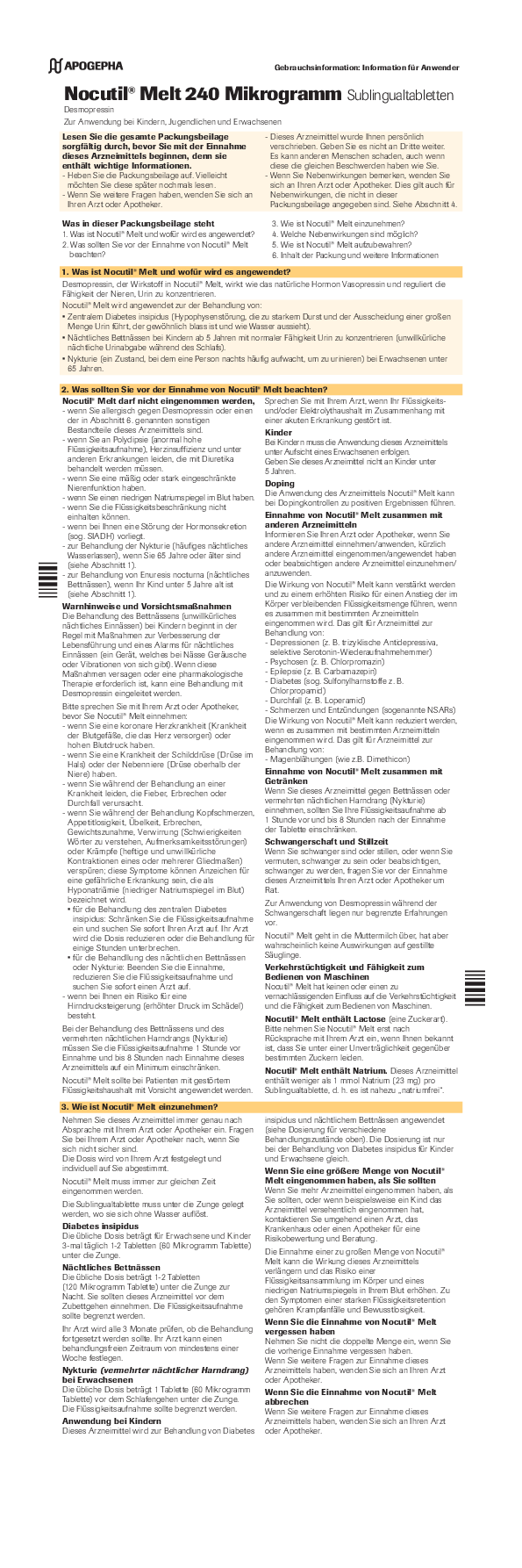 Preview image of a downloadable file Title page of the PDF file Usage information on Nocutil® Melt 60 µg sublingual tablets