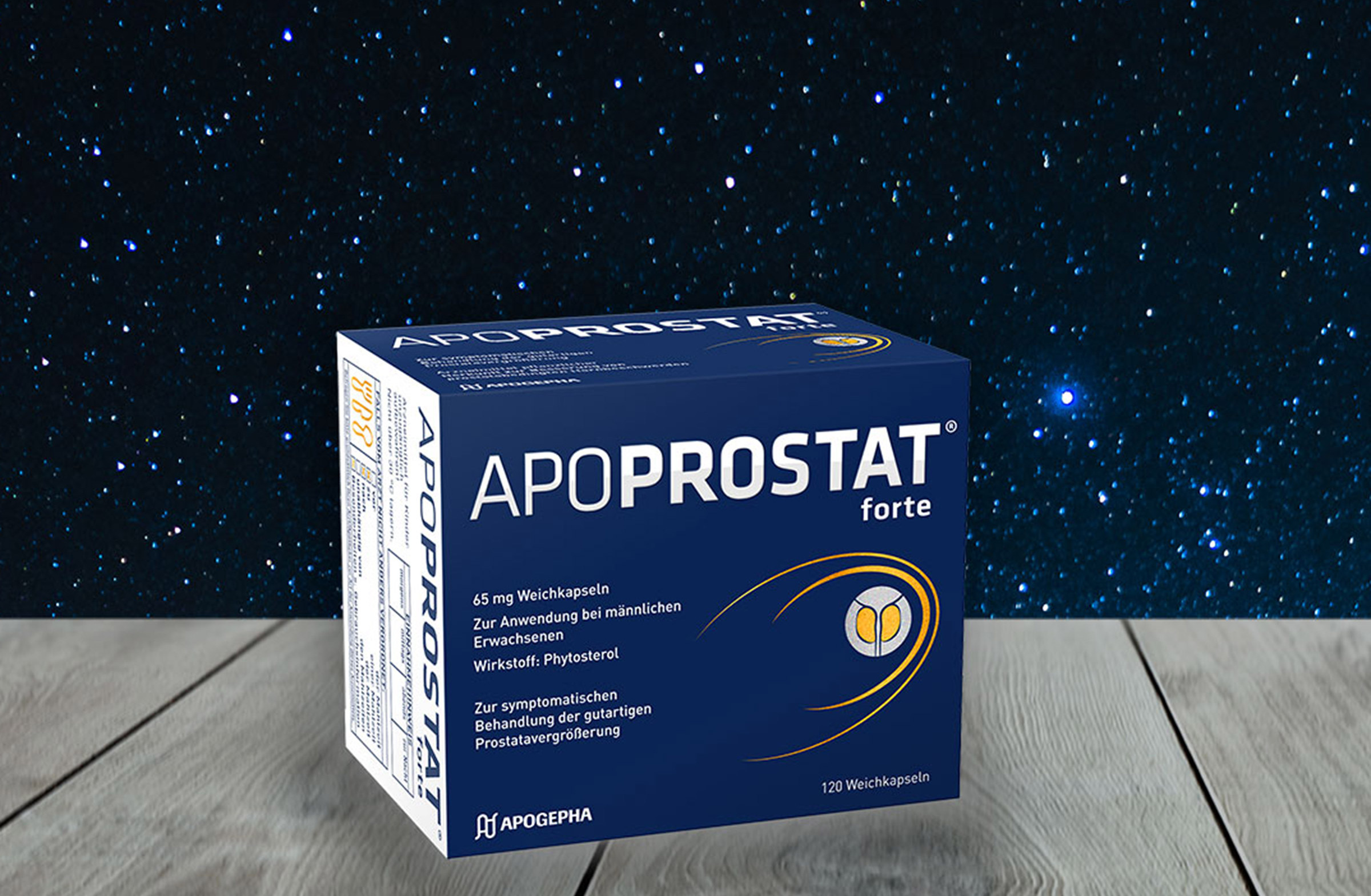 [Translate to English:] Packung APOPROSTAT® forte vor nächtlichem Sternenhimmel.