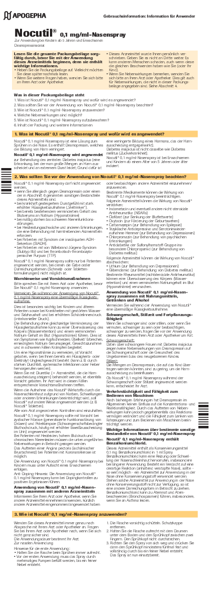 Preview image of a downloadable file Title page of the PDF file Usage information on Nocutil® 0.1 mg/ml Nasal Spray