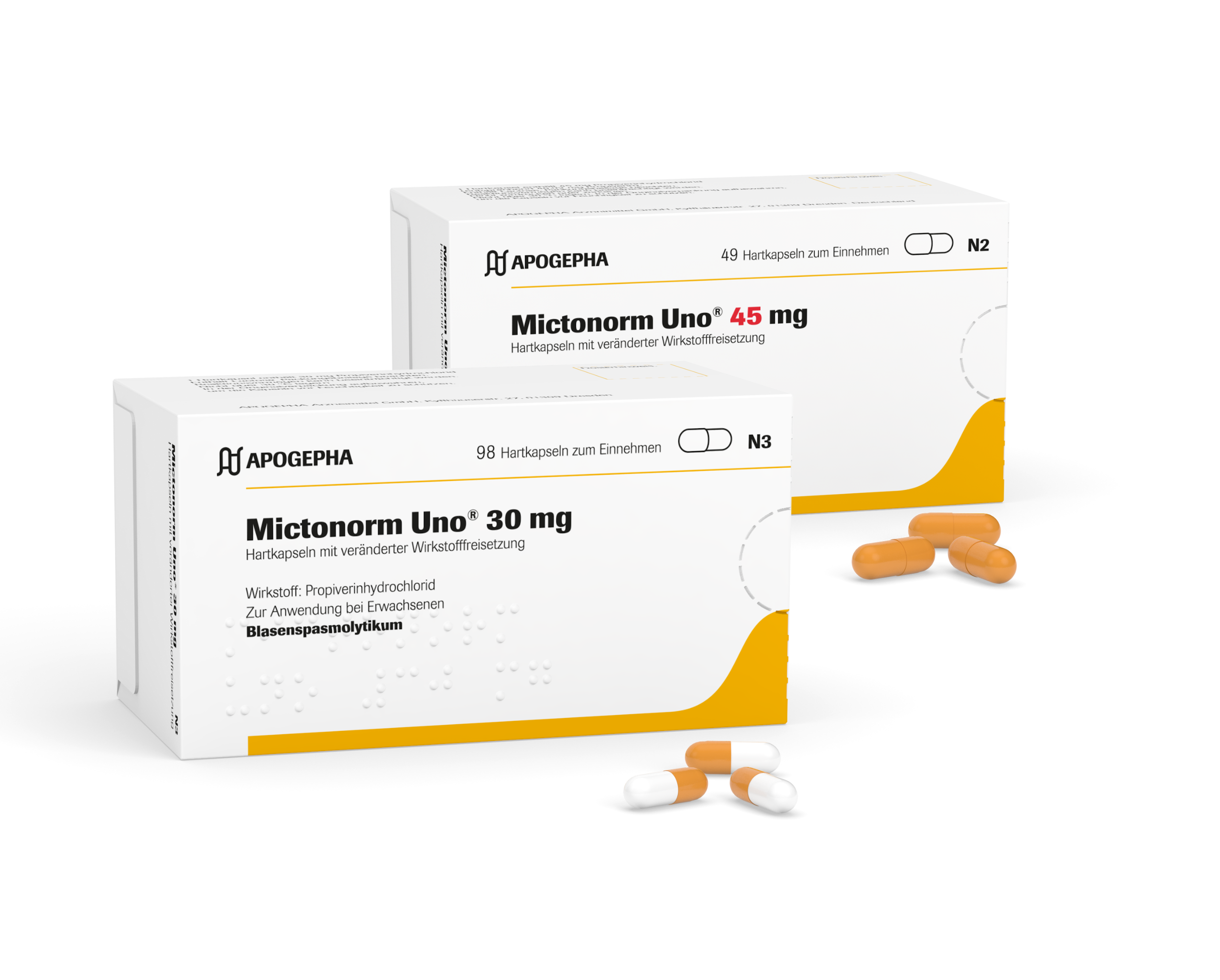 Packshots von Mictonorm Uno® 30 mg und 45 mg.