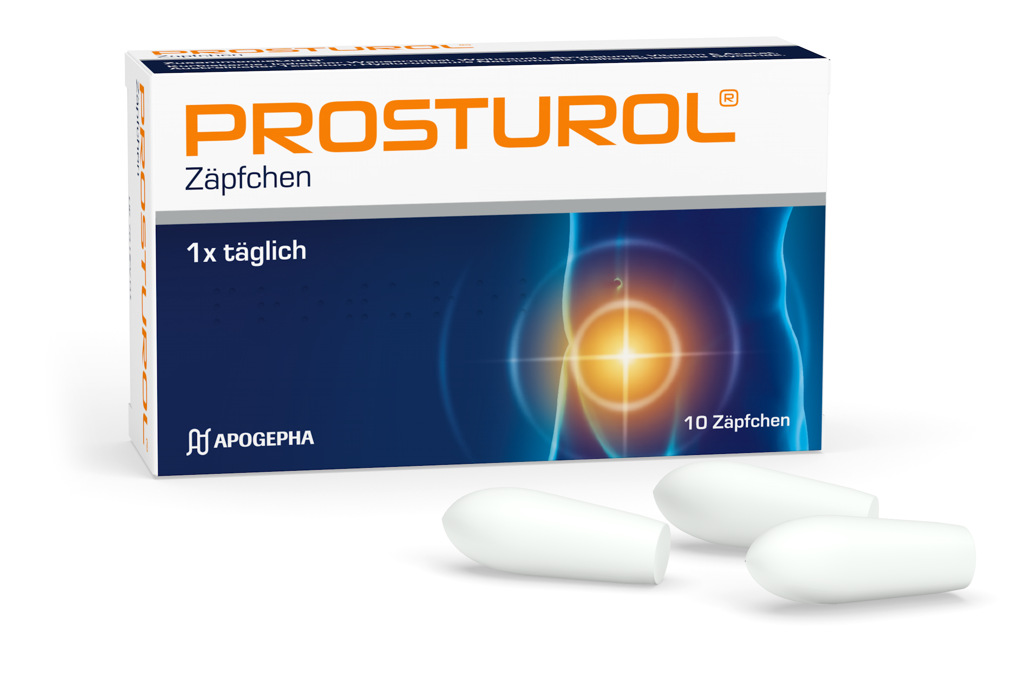 Packshot von PROSTUROL® und Zäpfchen.