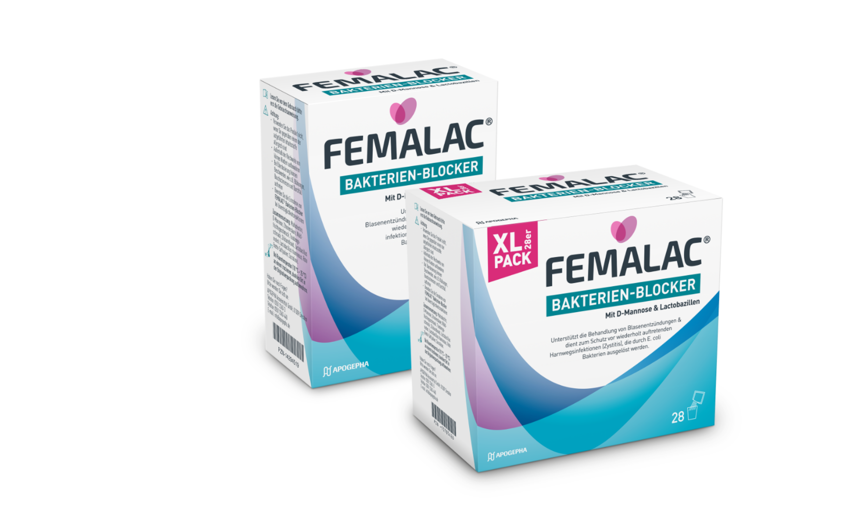 Packshot von FEMALAC® Bakterien-Blocker, Glas mit Inhalt und microbiome friendly® Siegel.